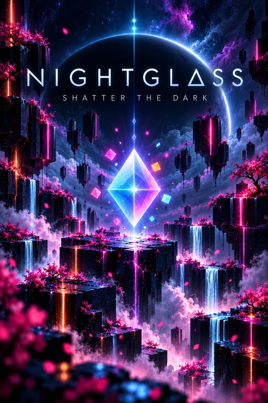 Nightglass key art: a glowing crystal above floating islands at night